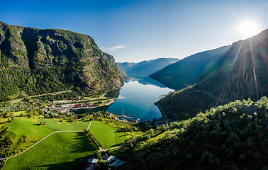 Image showing Aurlandsfjord Town Of Flam at dawn.