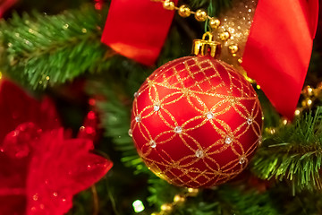 Image showing Red Christmas ball hanging on Christmas tree.