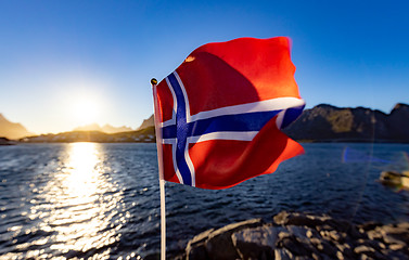 Image showing Norway Flag. Beautiful Nature Norway natural landscape.