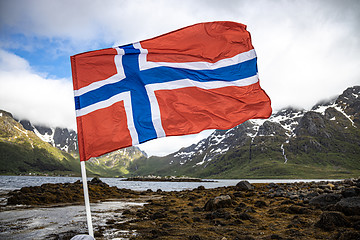 Image showing Norway Flag. Beautiful Nature Norway natural landscape.
