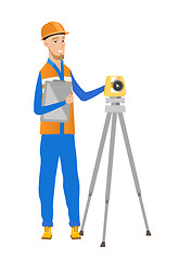 Image showing Caucasian surveyor builder working with theodolite