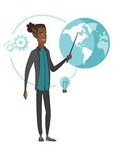 Image showing Young african businessman pointing at a globe.