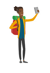 Image showing Young african traveler with backpack making selfie