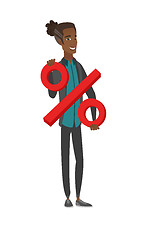 Image showing Young african businessman holding percent sign.