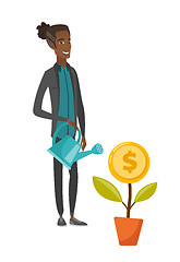 Image showing Young african businessman watering money flower.