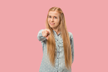 Image showing The happy business woman point you and want you, half length closeup portrait