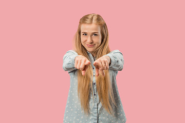 Image showing The happy business woman point you and want you, half length closeup portrait