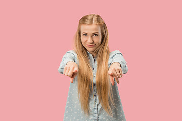 Image showing The happy business woman point you and want you, half length closeup portrait