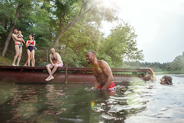 Image showing Enjoying river party with friends. Group of beautiful happy young people at the river together