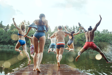 Image showing Enjoying river party with friends. Group of beautiful happy young people at the river together