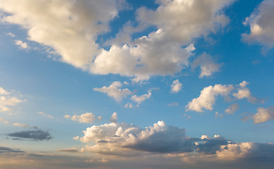 Image showing Blue sky with white clouds in a sunny day. Aerial panoramic view from drone