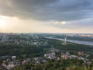 Image showing A bird\'s eye view, panoramic view from the drone to the Botanical Garden, the Motherland Monument , Dnieper River in the city of Kiev, Ukraine