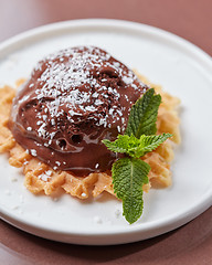 Image showing Crispy wafer with a scoop of chocolate ice cream decorated with green mint leaves and coconut chips in a plate on a brown glossy background with space for text. Cold dessert. Top view