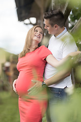 Image showing Young happy pregnant couple hugging at countryside by hayrack.