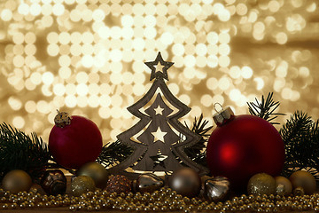 Image showing Christmas symbols decoration red glass balls and bokeh lights