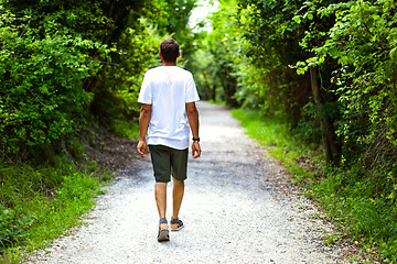 Image showing Man walking on path in summer green park. Peaceful atmosphere. R