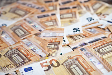 Image showing Fifty euro banknotes background. 50€ currency notes.