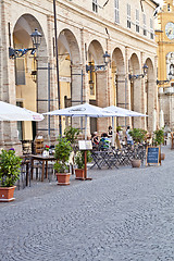 Image showing Fermo, Italy - June 23, 2019: People enjoying summer day and foo