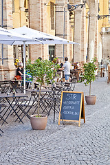 Image showing Fermo, Italy - June 23, 2019: People enjoying summer day and foo