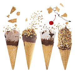 Image showing Various of ice cream flavor in cones on white background