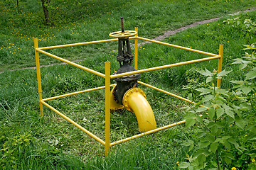 Image showing Gas valve outside among green grass