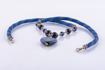 Image showing Handmade designer necklace in blue tones of beads and natural stones