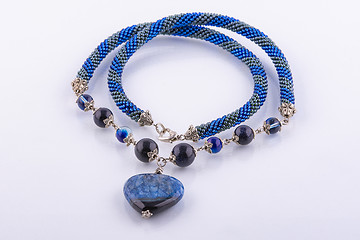 Image showing Handmade beaded blue necklace