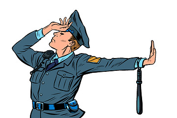 Image showing Caucasian police officer shame denial gesture no