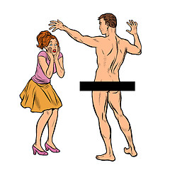 Image showing dressed woman and naked man. surprise