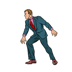 Image showing cautious businessman sneaks, takes a step