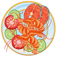 Image showing Vector illustration of the plate with seafood of the prawn and fish