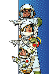 Image showing multi race family astronauts mom dad and son. Point to copy space poster