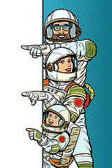 Image showing Family astronauts mom dad and son. Point to copy space poster