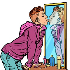 Image showing a man kisses his own reflection, narcissism ego selfishness