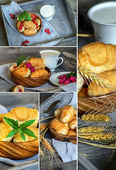 Image showing Natural food. Photo collage. Croissants with raspberries on a wo