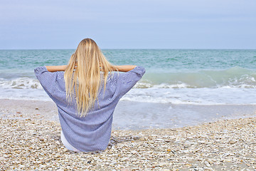 Image showing Beautiful girl in sea style on the Adriatic beach. Travel and va