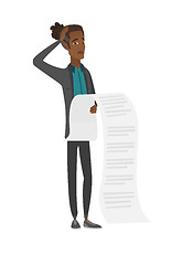 Image showing Young african accountant holding a long bill.