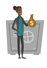 Image showing Young african businessman holding a money bag.