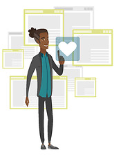 Image showing Young african man pressing web button with heart.