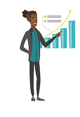 Image showing Young african businessman pointing at chart.