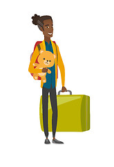 Image showing Man traveling with old suitcase and teddy bear.