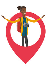 Image showing African traveler standing in a big map pointer.