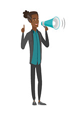 Image showing Young african businessman talking into loudspeaker