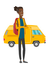 Image showing Traveler standing on the background of minibus.