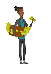 Image showing African businessman with briefcase full of money.