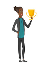Image showing Young african-american man holding a trophy.