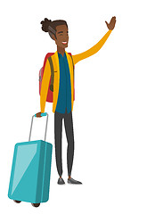 Image showing Young african-american traveler waving his hand.
