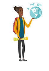 Image showing Young african traveler holding map and globe.