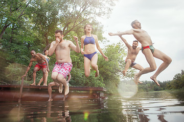 Image showing Enjoying river party with friends. Group of beautiful happy young people at the river together