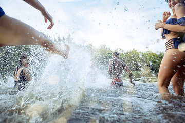 Image showing Enjoying river party with friends. Group of beautiful happy young people at the river together